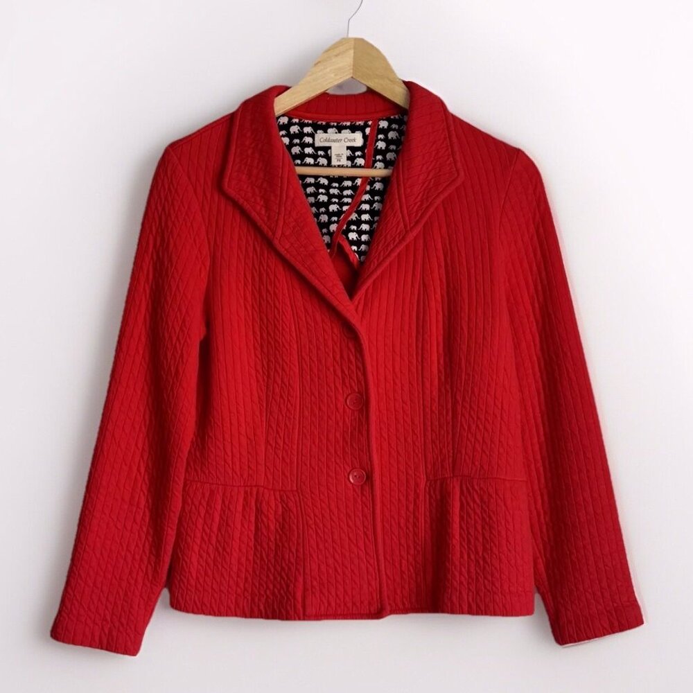 Coldwater Creek Quilted Red Peplum Blazer Jacket Sz 8P Minimalist Holiday Casual